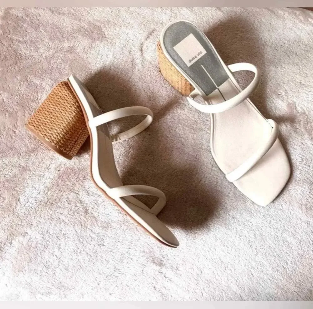 $140 dolce Vita Nancie Dual-Strap Wicker Heel Sandals - White 8  Bridal